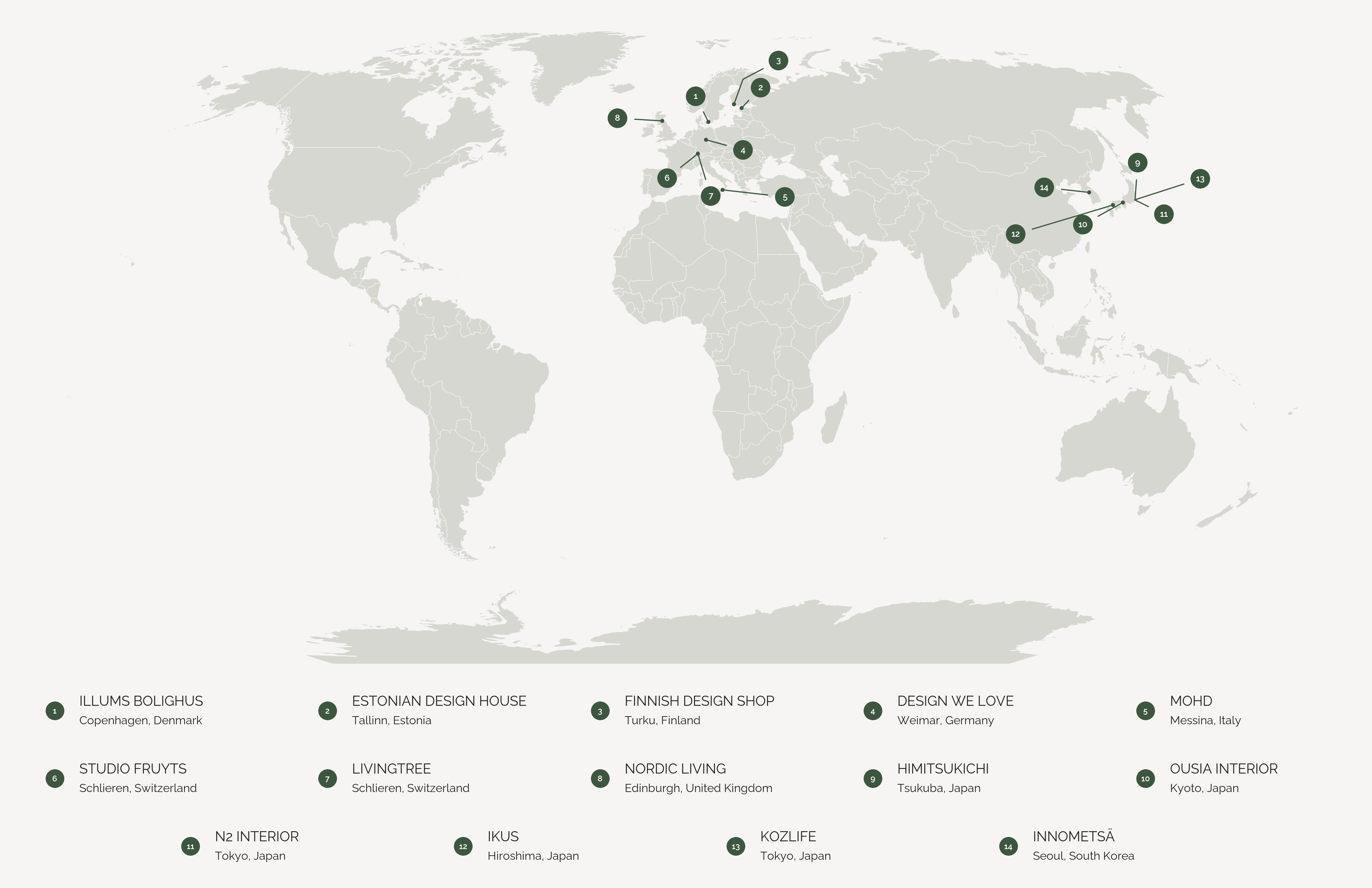 Numbered JALG dealers across Europe and East Asia. Details are listed below.